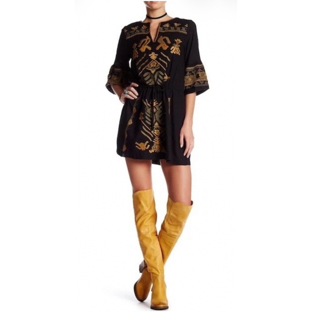 Free People Anouk Embroidered Mini Dress Small Black Boho Long Sleeve Peasant